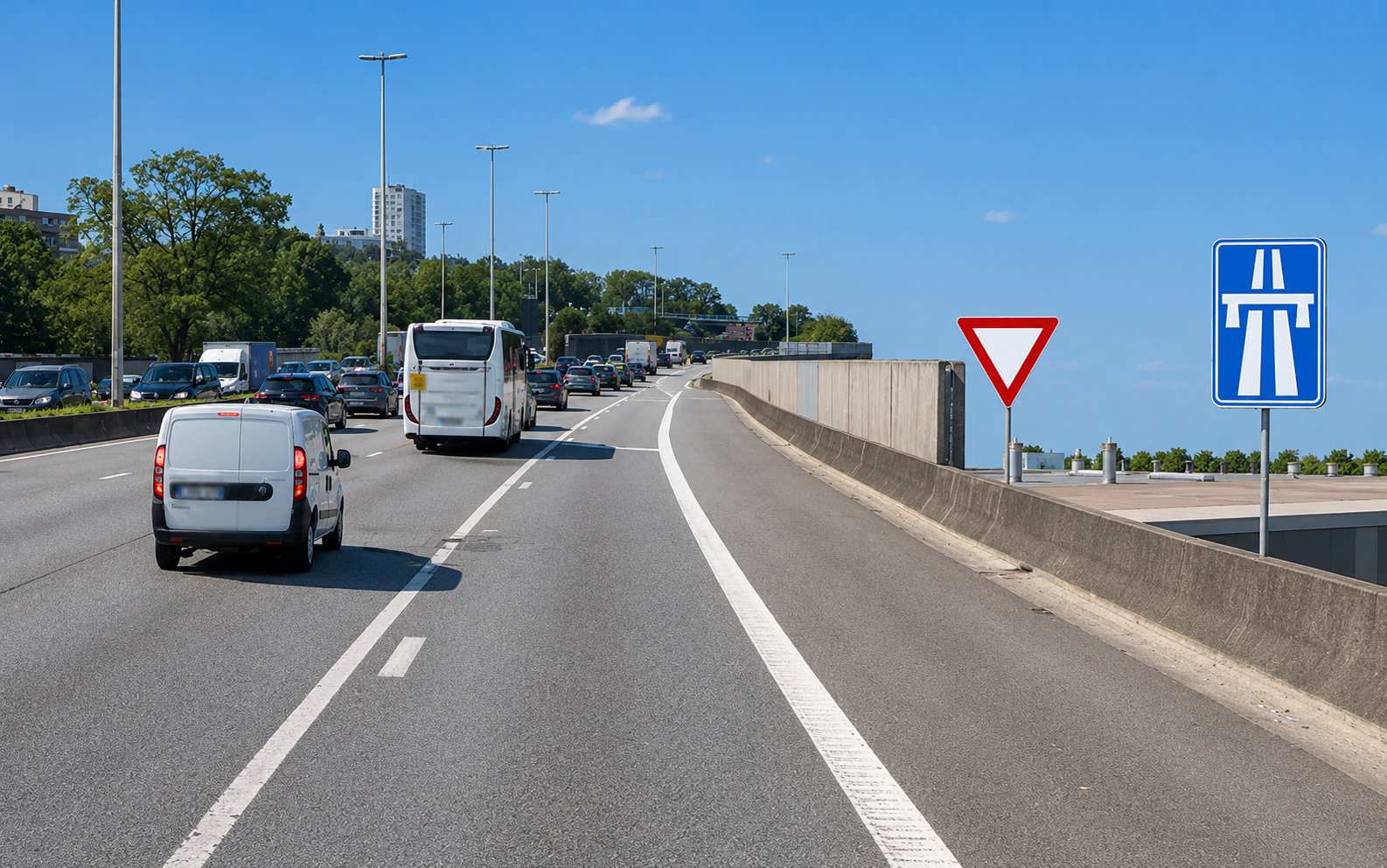 Oprit van een autosnelweg met voorrangsbord en autosnelwegbord
