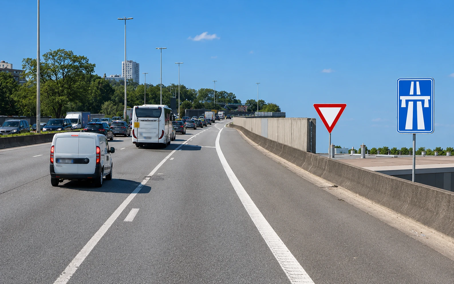 Bretelle d'accès d'une autoroute avec panneau de cédez le passage et panneau d'autoroute