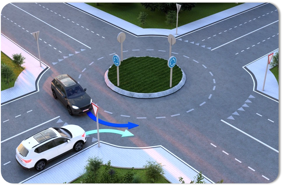 Voitures entrant et sortant du rond-point avec des flèches