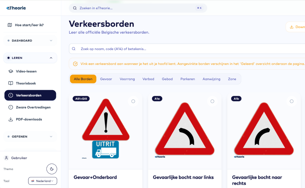 eTheorie digitaal theorieboek met uitleg over de Belgische verkeersborden